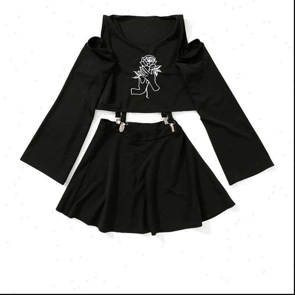 

nicemix harajuku dress handheld women tracksuits rose embroidery black short mini a line punk female sets two pieces, Gray