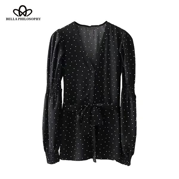 

spring women casual fashion black blouse long sleeve bow shirt polka dot female v neck 210519, White