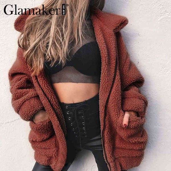

glamaker faux fur oversized casual warm coat furry outwear winter autumn pocket red jacket female teddy coat new fashion 210414, Black