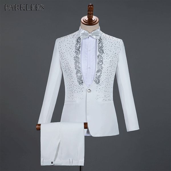 

white sparkly crystals embroidery mens suits with pants wedding groom tuxedo suit men stand collar stage costume homm, Black