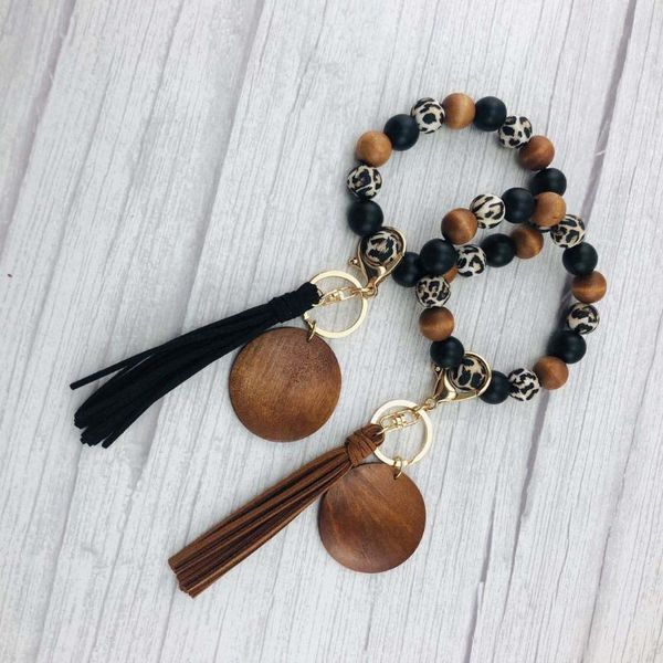 

party favor 20pcs/lot blank wood leopard beads wooden disc wristlet keychain with suede tassle personalize