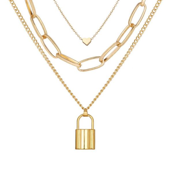 

chokers 2021 multi-layer necklaces for women creative simple gold heart lock pendant three-layer sweater chain jewelry, Golden;silver
