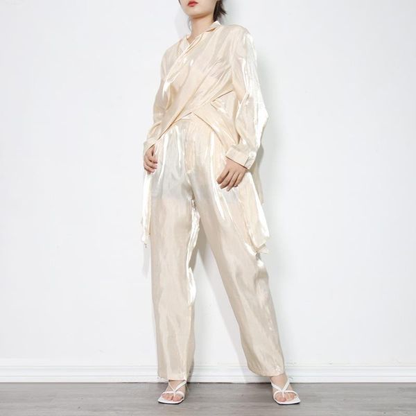 

women's two piece pants autumn cross long sleeve satin trouser suit wide leg 2-piece set, White