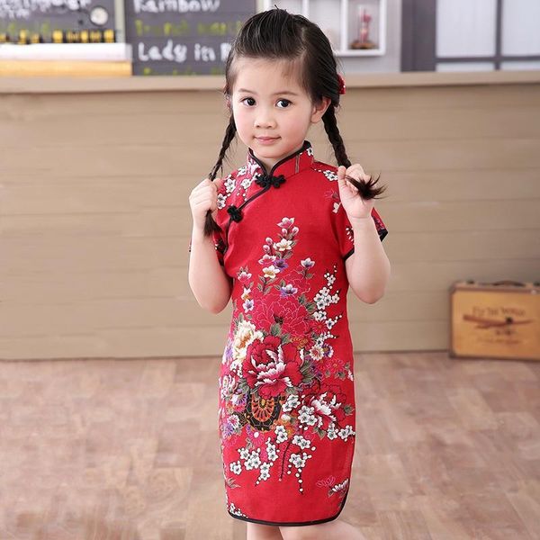 Mädchenkleider Mädchen 2023 Mädchen Cheongsam Baumwolle A-Linie Kleid Chinesischer Stil Gerade Elegante Kinder Traditionelle Kleidungsstücke 80-155