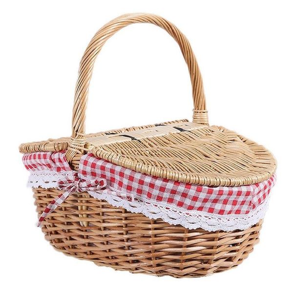 

country style wicker picnic basket hamper with lid and handle & liners for picnics, parties, wedding bbqs storage baskets