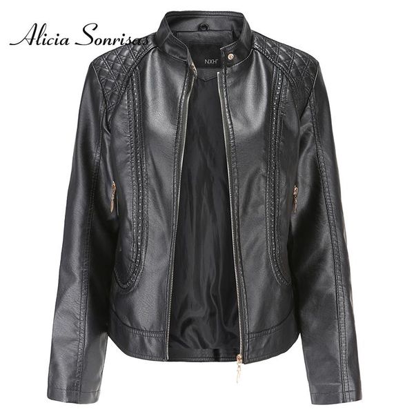 

women's leather & faux 2021 autumn pu jacket women stand collar oversized coat casual plus size balck white red biker, Black