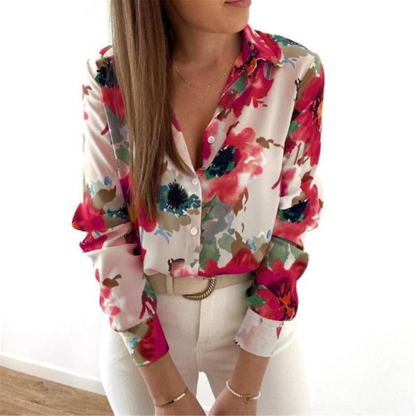 

women's blouses & shirts women floral button down shirt casual print thermal crewneck long sleeve womens and blusas, White