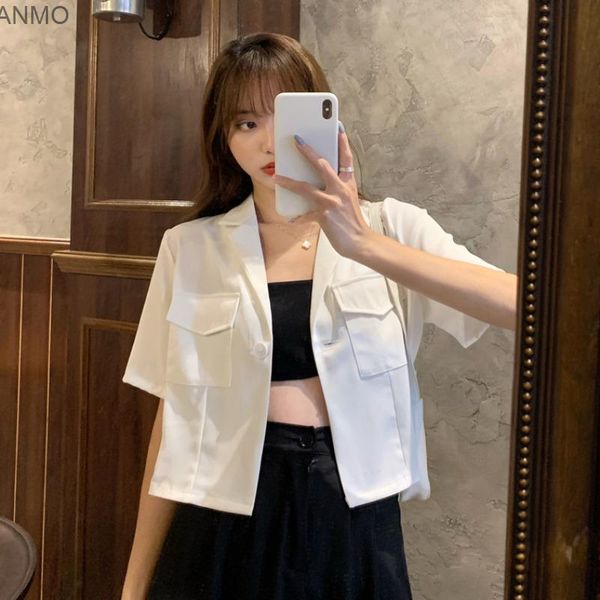 

women's suits & blazers thin suit jacket summer small foreign temperament white loose shirt short sleeve top, White;black