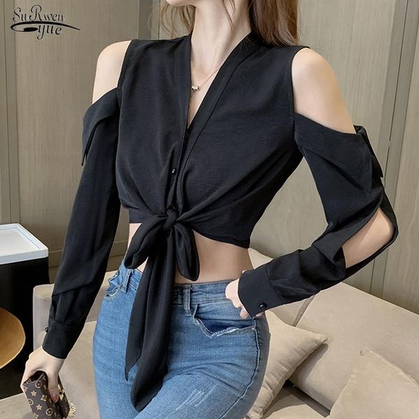 

women's blouses & shirts french off shoulder hollow out tied elegant black blouse v-neck long sleeve short chiffon shirt blusas mu, White