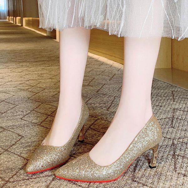 

dress shoes glitter shiny pumps sequined high heel women pointed toe wedding 7 cm metal thin ladies, Black