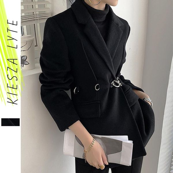 

women's black woollen suit jacket minority 2021 autumn winter arrival fashion belted thick wool coat outerwear for lady suits & blazers, White;black