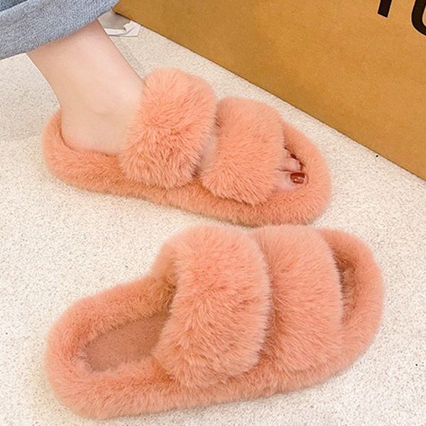

slippers big size home women soft fluffy slides comfort flat sandals female cute slipper winter warm fur shoes indoor flip flops, Black