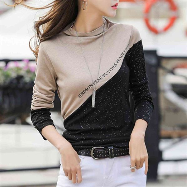

spring color block patchwork half womens t shirt turtleneck diamonds shiny long sleeve tee cotton t9d009y, White