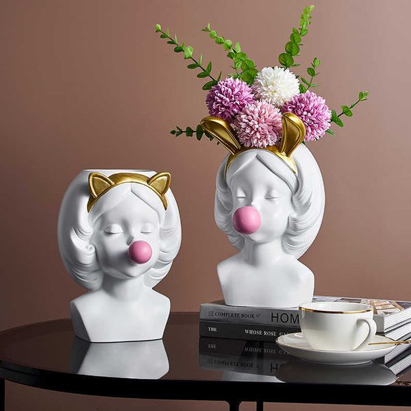 Nórdico moderno casa resina vaso decoração linda menina soprando bolhas cabeça decorativa cabeça escultura vasos caneta titular vaso flores 210623