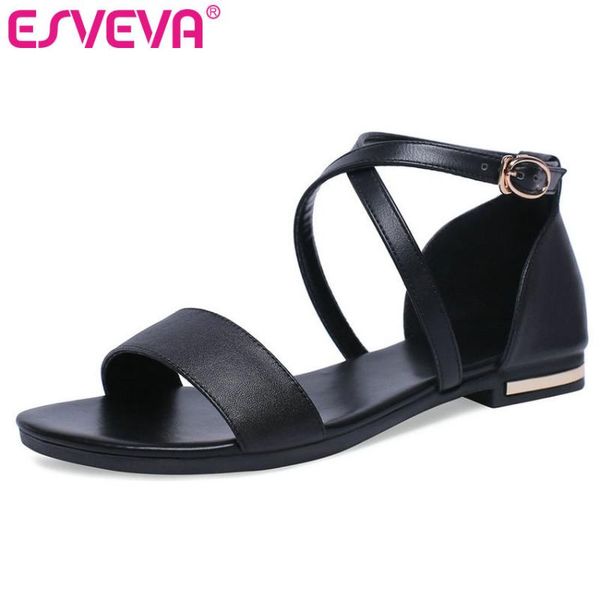 

fashion summer women sandals square heel pu leather black buckle ankle strap flat shoes size 34-43
