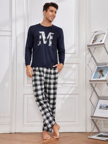 

men letter graphic tee & plaid print pants pj set g7yd#, Black;brown