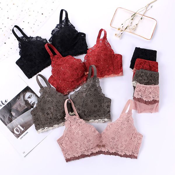 

bras sets embroidered lace traceless bra set gathers lingerie 78, Red;black