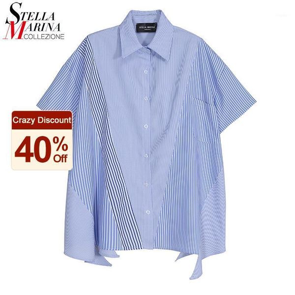 

woman summer fashion clothing casual short sleeve oversize blue striped blouse feminine shirt chemise femme style 8227 women's blouses, White