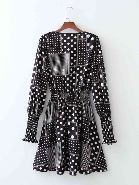

skirts v-neck long sleeve stitching square dot printing women vintage cross waist chic female dresses vestidos mujer, Black