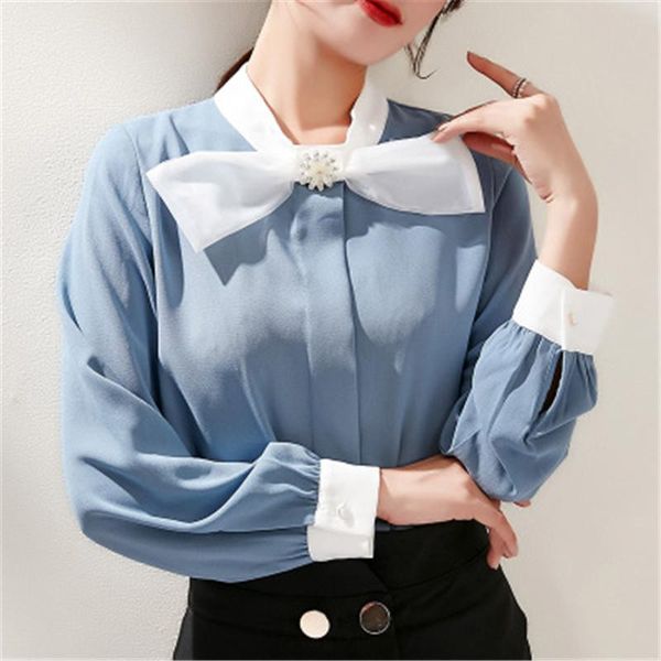 

women's blouses & shirts fashion women 2021 spring bow chiffon shirt female sweet splice soft silky long-sleeved wild pullover rm50140, White