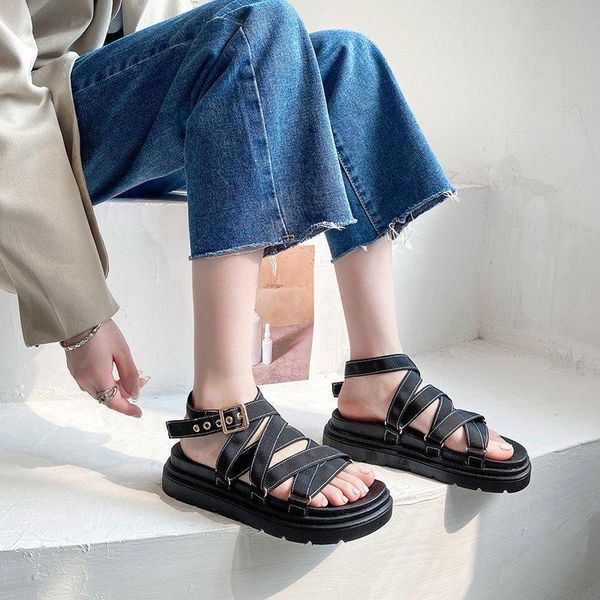 

gladiator sandals women thick bottom cross-strap lady shoes flat platform sandalias mujer buckle elastic band women's, Black