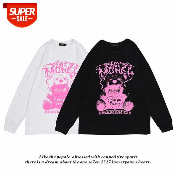 

collarless men and women couple street fluorescent color bear print pullover round neck long-sleeved sweater #xy3w, Black