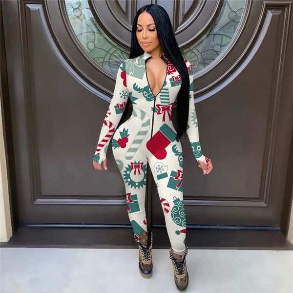 

women's jumpsuits & rompers christmas trousers jumpsuit pajamas women zipper o-neck long sleeves bodycon fashion printed sleepwear play, Black;white