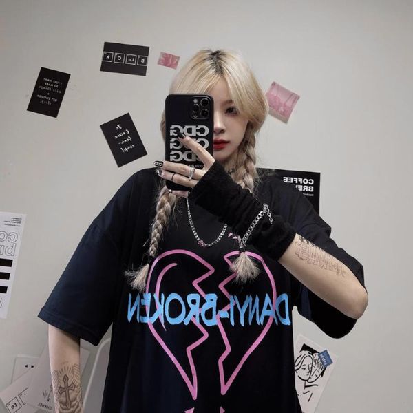 

street style loose short sleeve women man hip hop hearted printed o neck ladies plus size harajuku t-shirt couple outfit women's, White