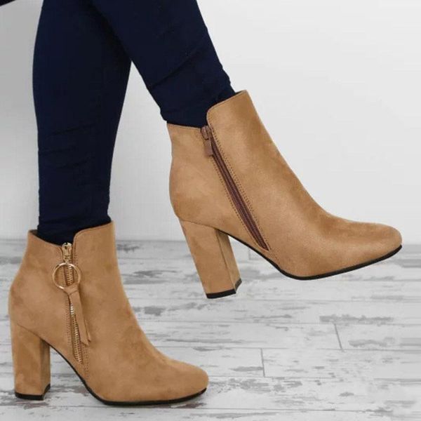 

boots ankle for women high heels zipper vintage ladies shoes autumn winter chunky botas mujer big size1, Black