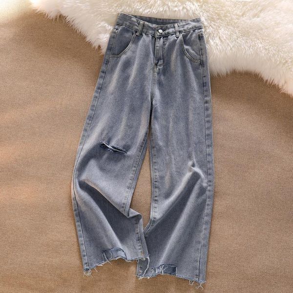 

women's jeans ripped women 2021 summer loose denim pants female korean high-waisted thin straight wide-leg trousers, Blue
