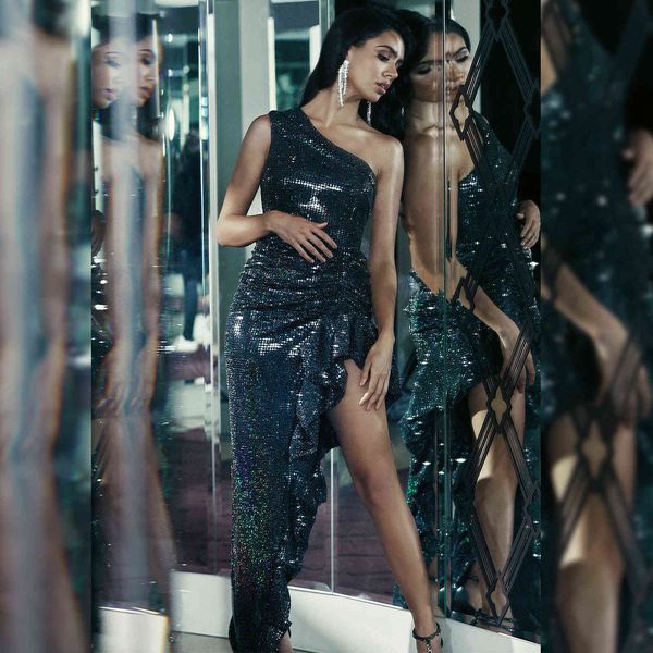 

women designer one shoulder sparkly split elegant dress night club long celebrity bodycon party vestido 210527, Black;gray