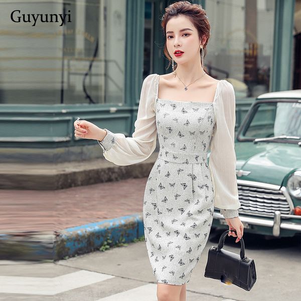 

elegant office lady dress 2021 autumn simple butterfly print square collar chiffon puff sleeve high waist tight dress women, Black;gray