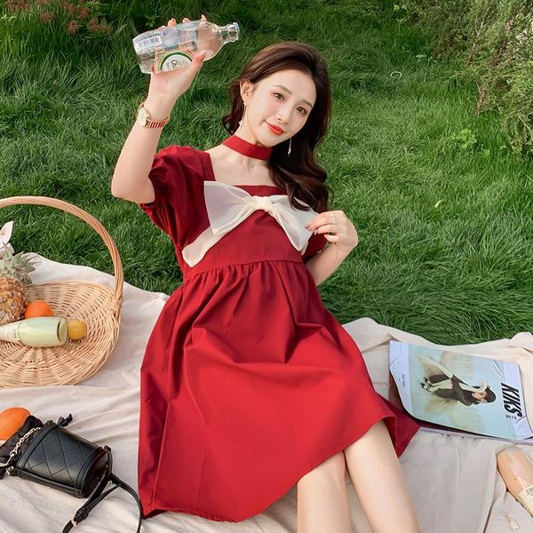 

maternity dresses 01818# dress summer short sleeves loose fashion plus size midi bow knot decoration pregnant women, White