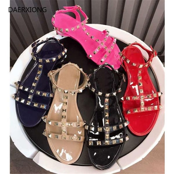 

flat bottom large-size women's summer sandals fashion rivet gladiator open toe beach shoes 34-43no box, Black