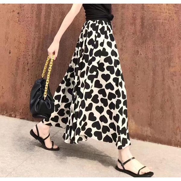 

skirts women 2021 summer fashion elegant vintage heart pattern pleated skirt female high waist ladies chiffon a-line t179, Black
