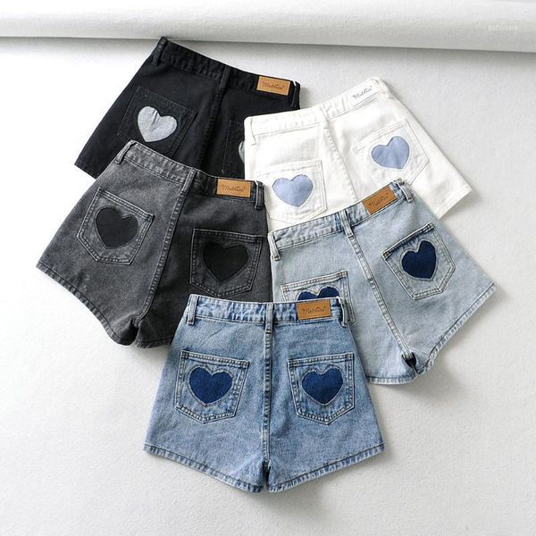 

summer women's denim heart pocket high waist slimming wide leg a- line pants jeans, Blue