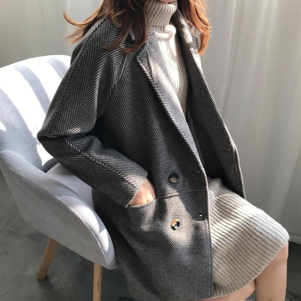 

women's wool & blends donsignet women woolen coat autumn 2021 korean loose mid-long cotton tweed suit streetwear fashion winter, Black
