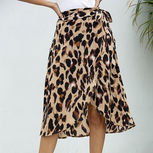 Saias mulheres chiffon leopardo saia de estampa alta curativo de cintura longa e sexy split streetwear m tamanho marrom