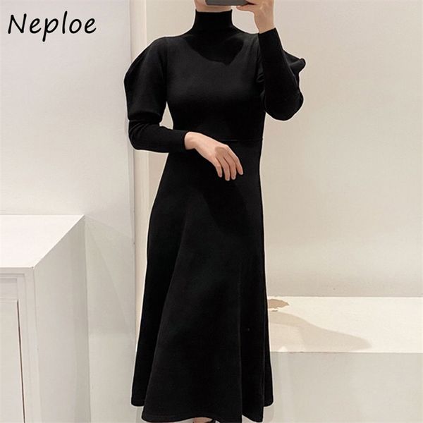

chic turtleneck puff sleeve knitted women dresses simple vintage slim fit black dress solid color mid-leng vestidos 210422, Black;gray