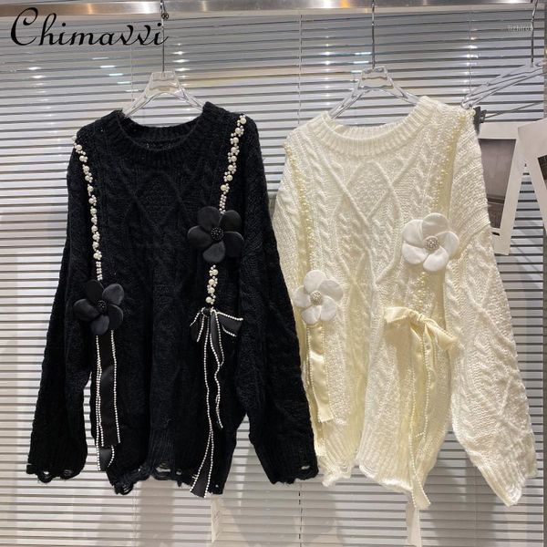 

women's sweaters 2021 winter clothing heavy beads three-dimensional flower o-neck loose pullover fashion sweet knitted sweater feminine, White;black