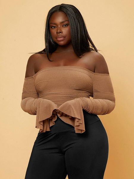 

sxy plus off shoulder flounce sleeve ruched glitter crop tee q2wi#, Black