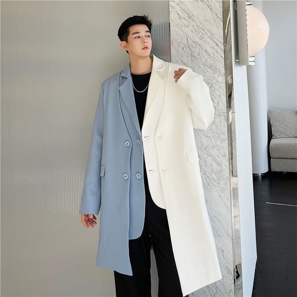 

Men Fashion Fake Two-piece Color Block Spliced Suit Style Trench Coat 2021 New Lapel Long Sleeve Chic Windbreaker Autumn, Tan;black