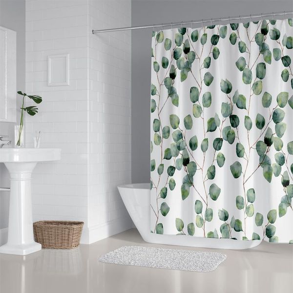 

shower curtain watercolor green floral eucalyptus round leaves pattern branches home bathroom decor polyester fabric waterproof curtains
