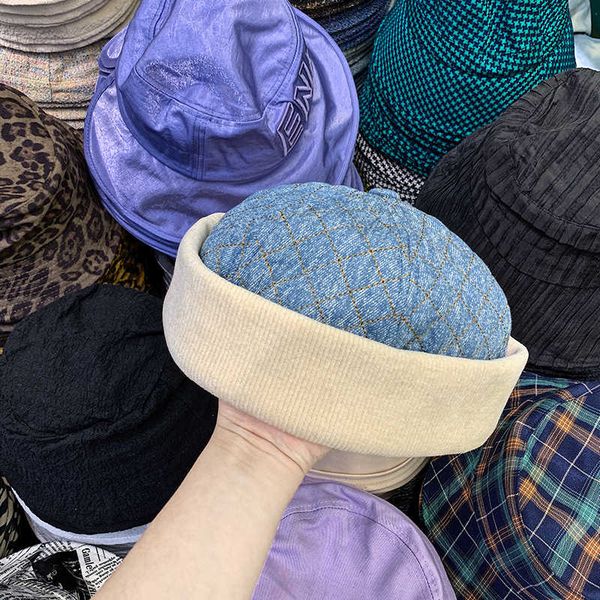 

new designer female cowboy landlord yuppie brimless melon skin solid color men's roll edge street autumn winter hat, Blue;gray