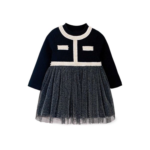 Cici Girl Boutique Kleid für Kinder Schwarze Ins Mode Perle Hals Tasche Tüll Prinzessin Kleinkind Mädchen Geburtstagskostume 210529