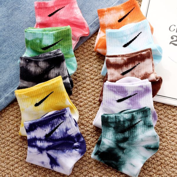 

men women cotton fashion tie-dye flower socks low cut ankle rainbow candy color sport, Black;white