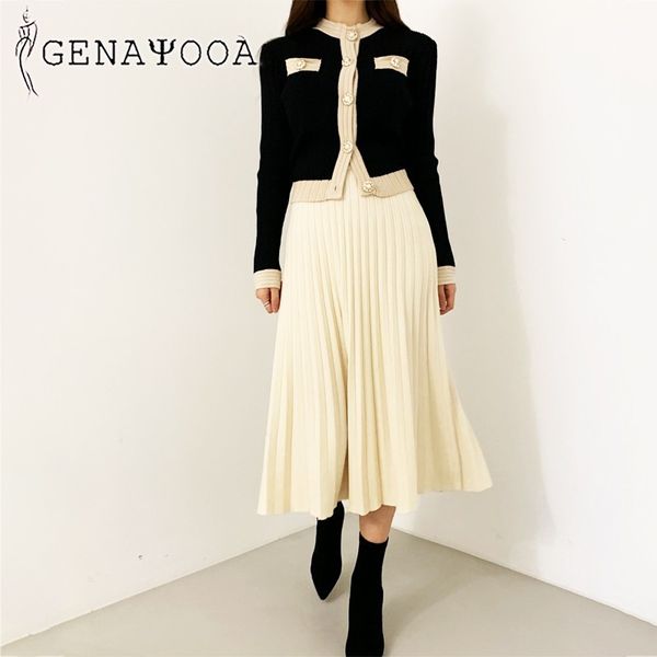 

genayooa office lady skirt clothes knit sweater 2 set women autumn korean style two piece outfits vintage 210417, White