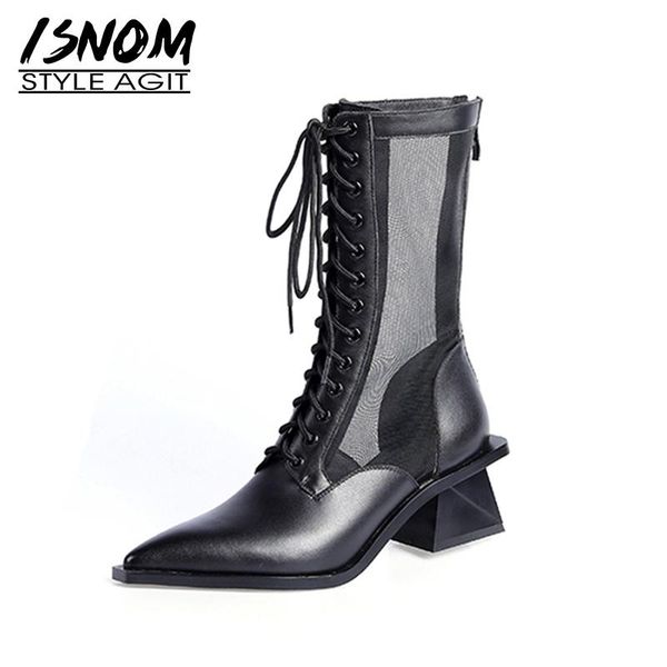 

boots isnom genuine leather women mesh lace up shoes woman pointed toe strange high heels booties ladies fashion, Black