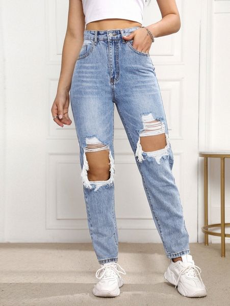 

high waist ripped mom fit jeans l4g6#, Blue