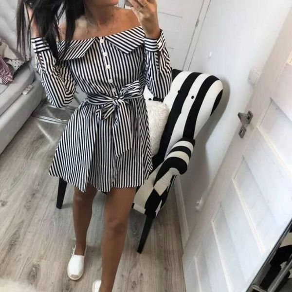 

casual dresses beach slash neck button long sleeve stripe dress women waist tie a line short party slim red blue vestidos, Black;gray
